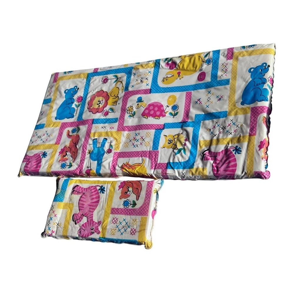Crib Cradle Mattress Pad Pillow Bedding Zoo Animals Baby Doll Vintage Set HTF